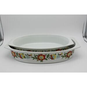 Set of 2 Vtg Real Calorama Floral Genuine Porcelain Oven Ware 64 oz & 48 oz Oval
